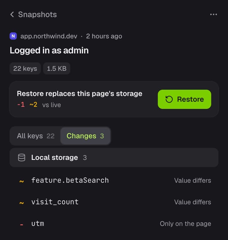 A snapshot compared with the live page, listing the keys Restore would change or remove