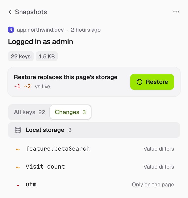 A snapshot compared with the live page, listing the keys Restore would change or remove