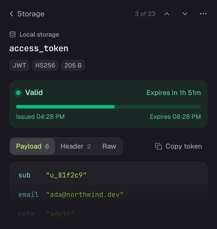 A decoded JWT with a valid status, time until expiry, and its payload claims