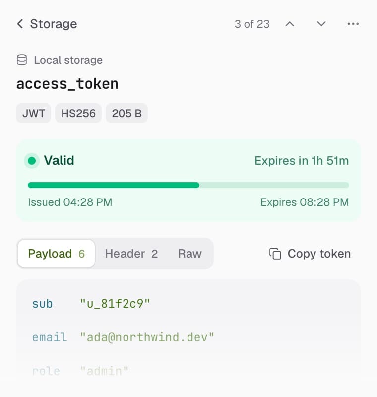 A decoded JWT with a valid status, time until expiry, and its payload claims