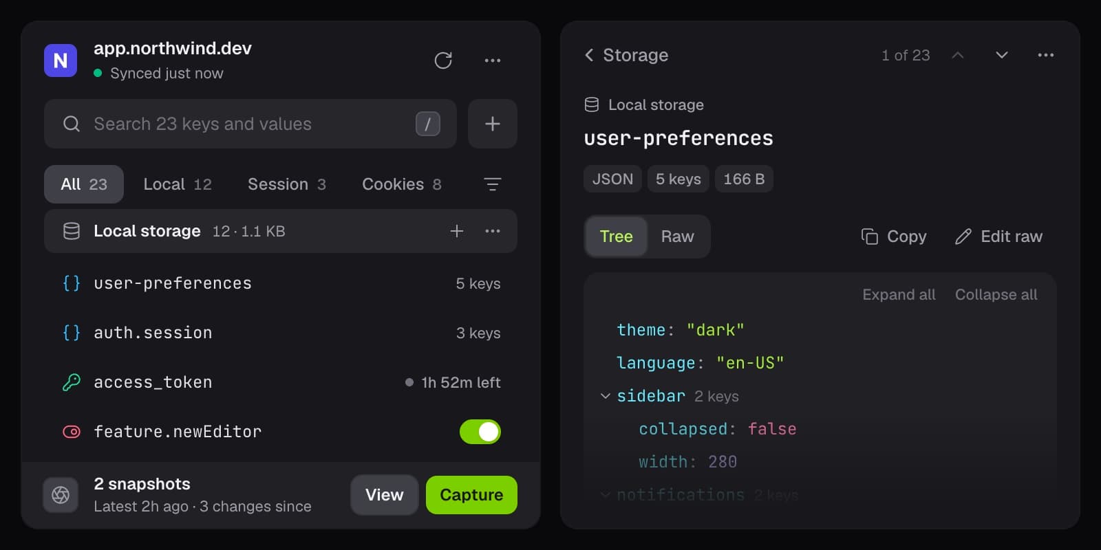 The storage list with type icons and an inline toggle, beside a JSON value opened as an editable tree