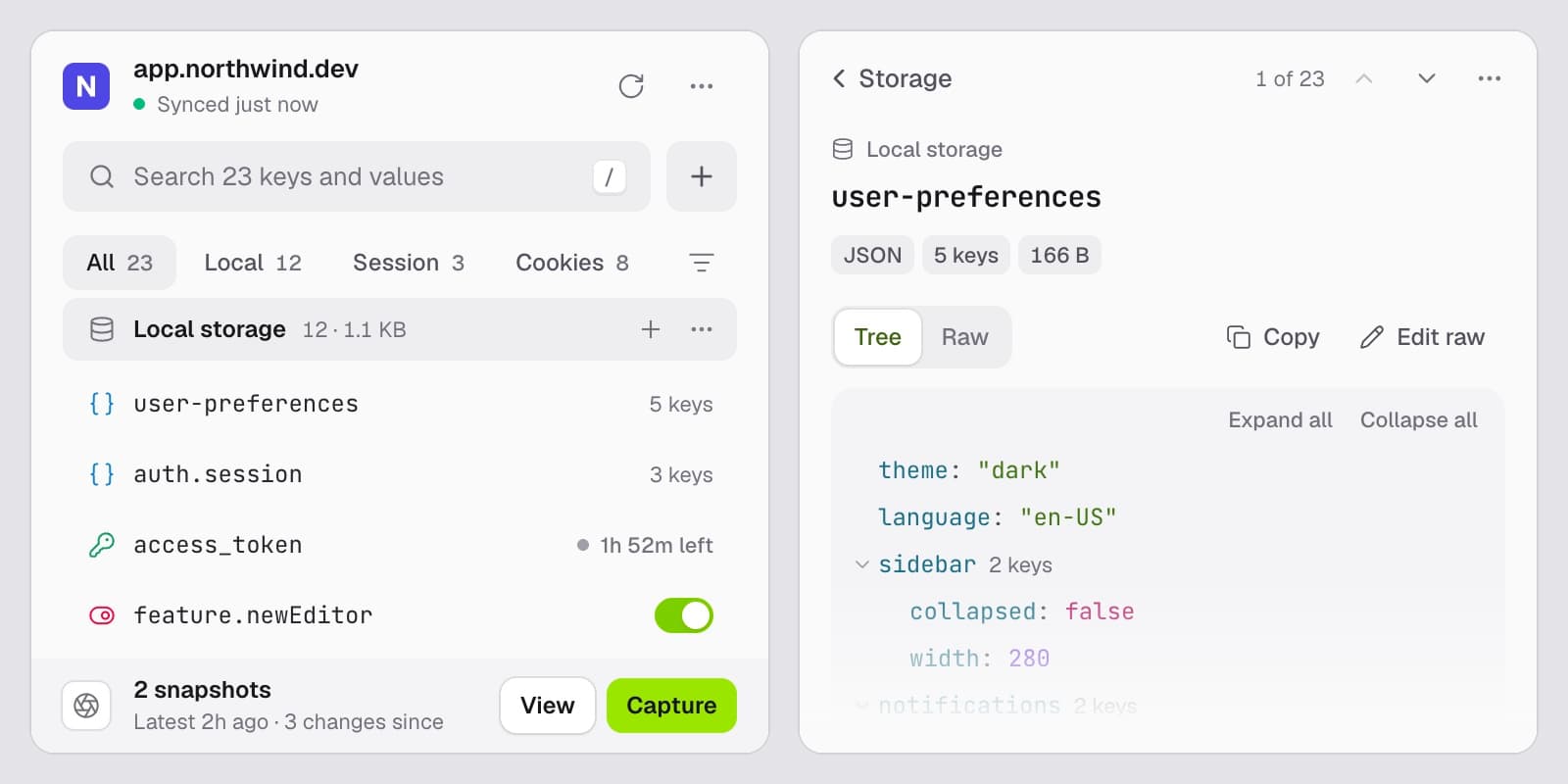 The storage list with type icons and an inline toggle, beside a JSON value opened as an editable tree