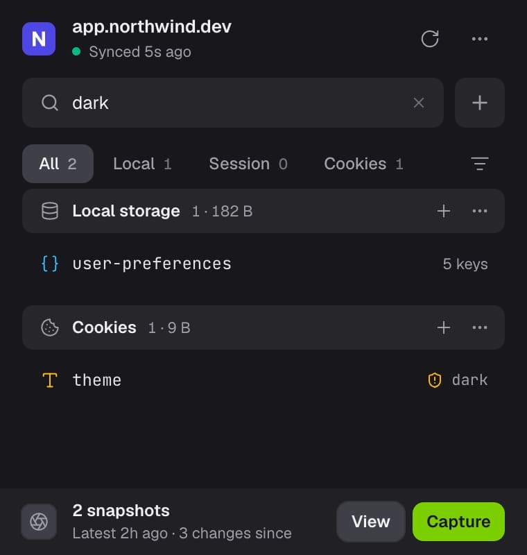 Searching for dark finds a JSON value and a cookie whose values contain it